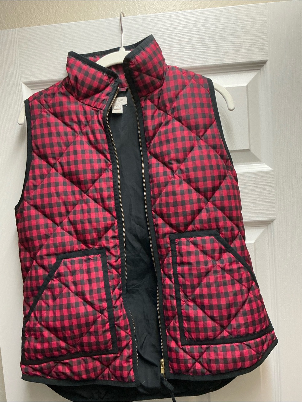 J. Crew Red and Black Quilted Buffalo Plaid Puffer Vest